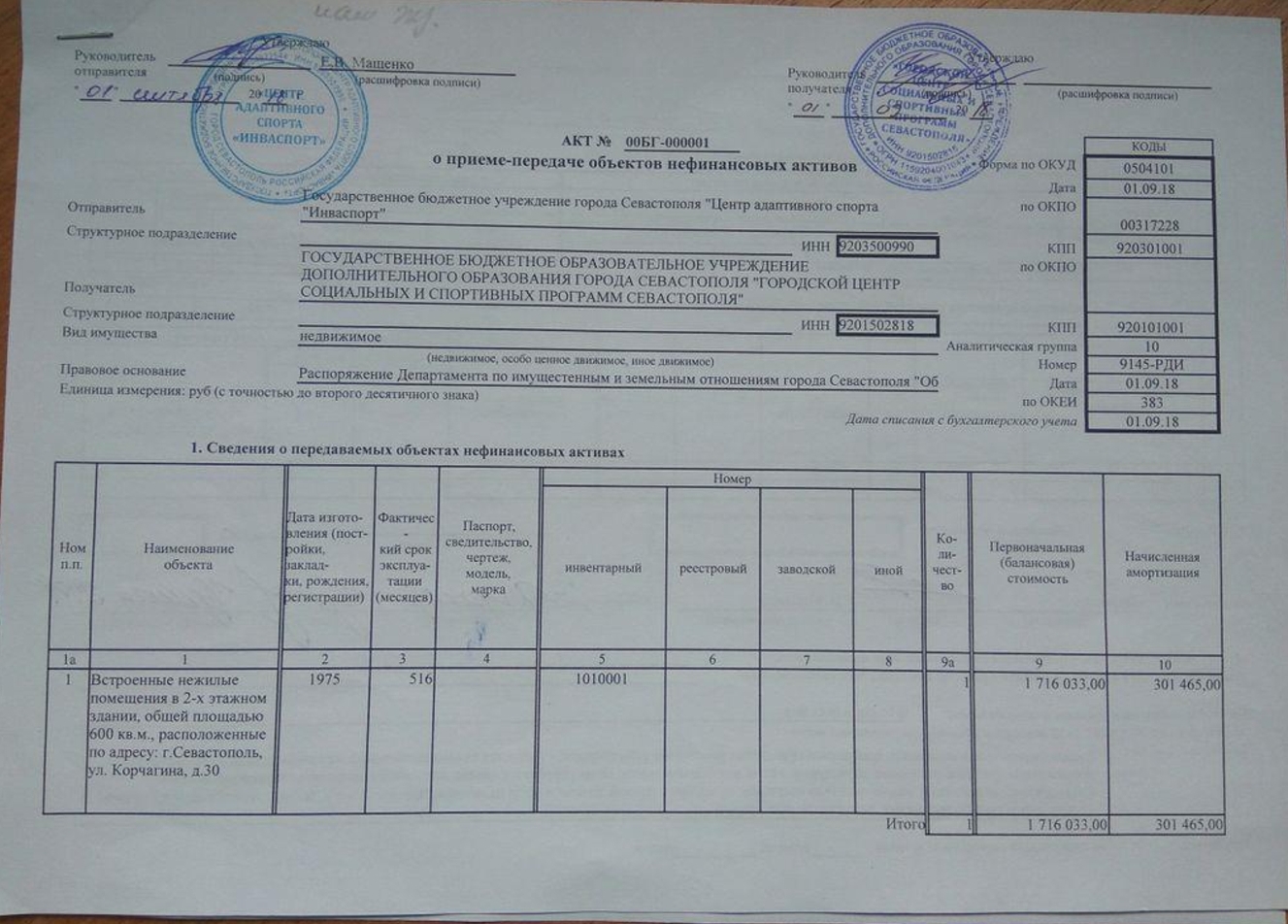 Акт нефинансовых активов образец заполнения